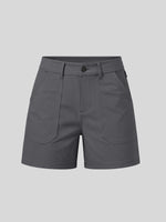 A pair of dark gray utility shorts with a button closure, belt loops, and large front flap pockets 