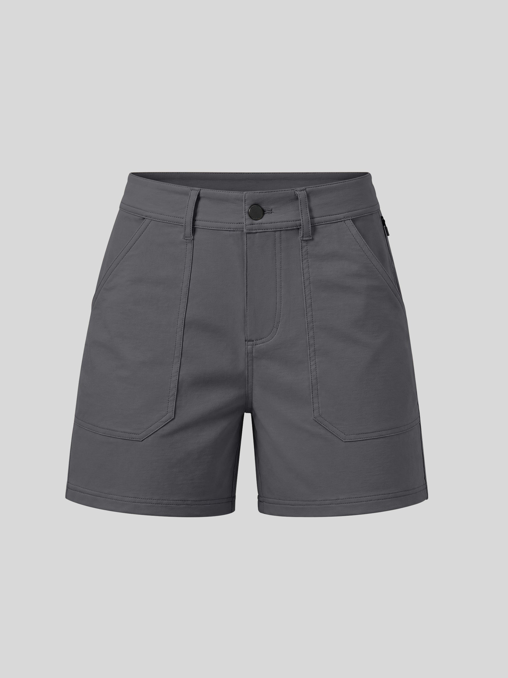 A pair of dark gray utility shorts with a button closure, belt loops, and large front flap pockets 
