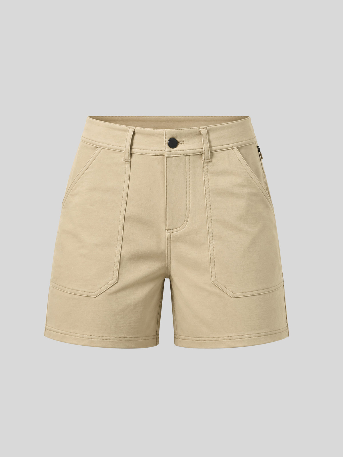 A pair of beige utility shorts with a button closure, belt loops, and large front patch pockets 