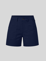 A pair of navy blue shorts with a button closure, belt loops, and front patch pockets 
