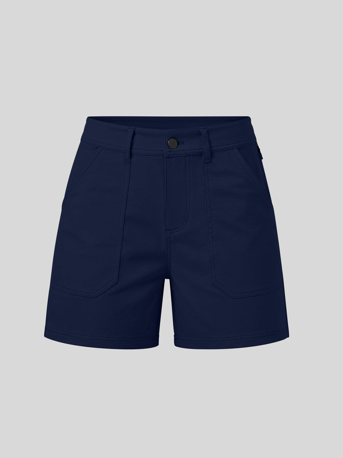 A pair of navy blue shorts with a button closure, belt loops, and front patch pockets 