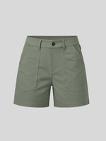 Olive green utility shorts with a button closure, belt loops, and large front patch pockets 
