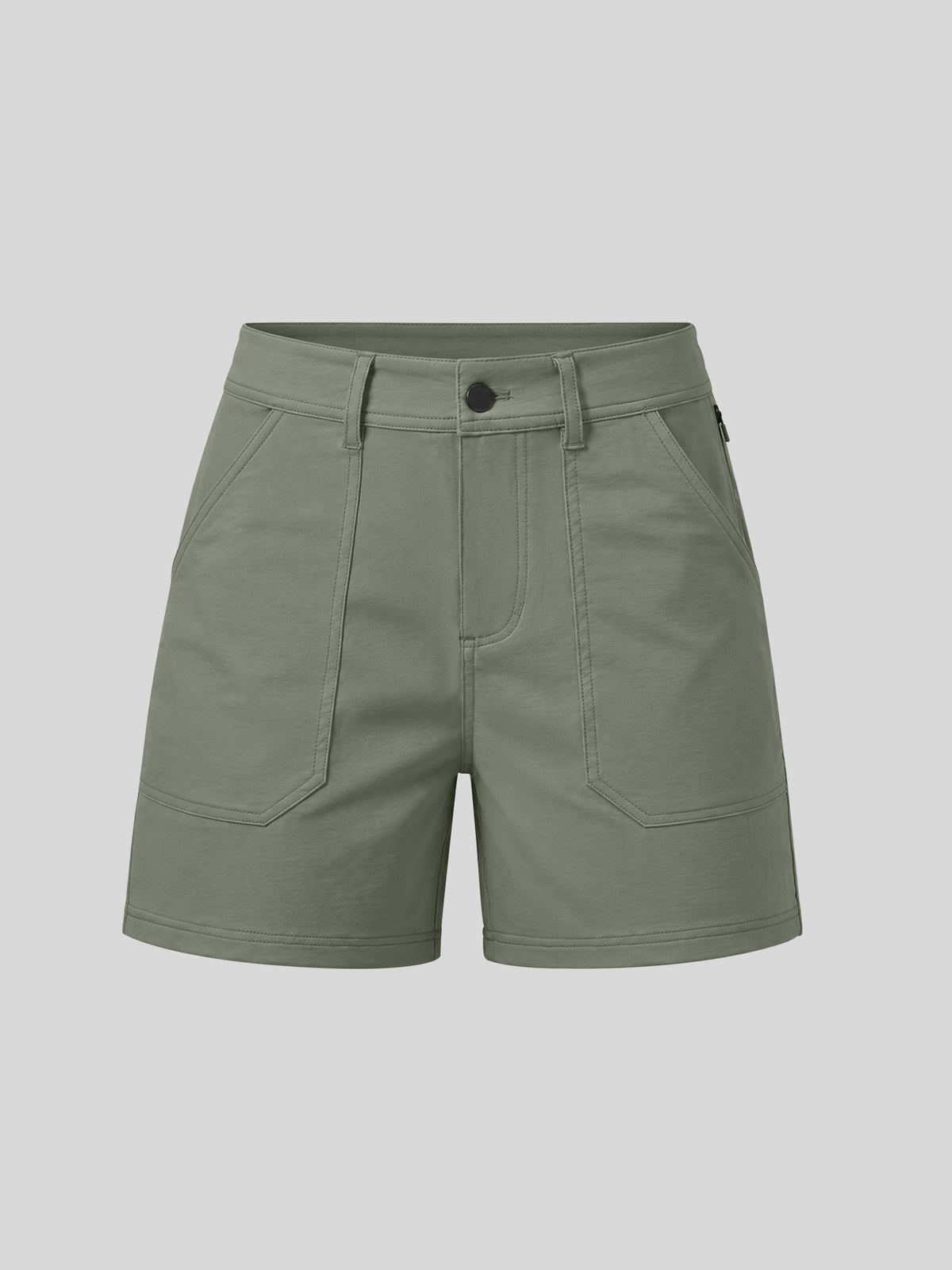 Olive green utility shorts with a button closure, belt loops, and large front patch pockets 