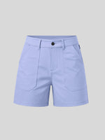 Light purple high-waisted shorts with a button closure, belt loops, and large front patch pockets 