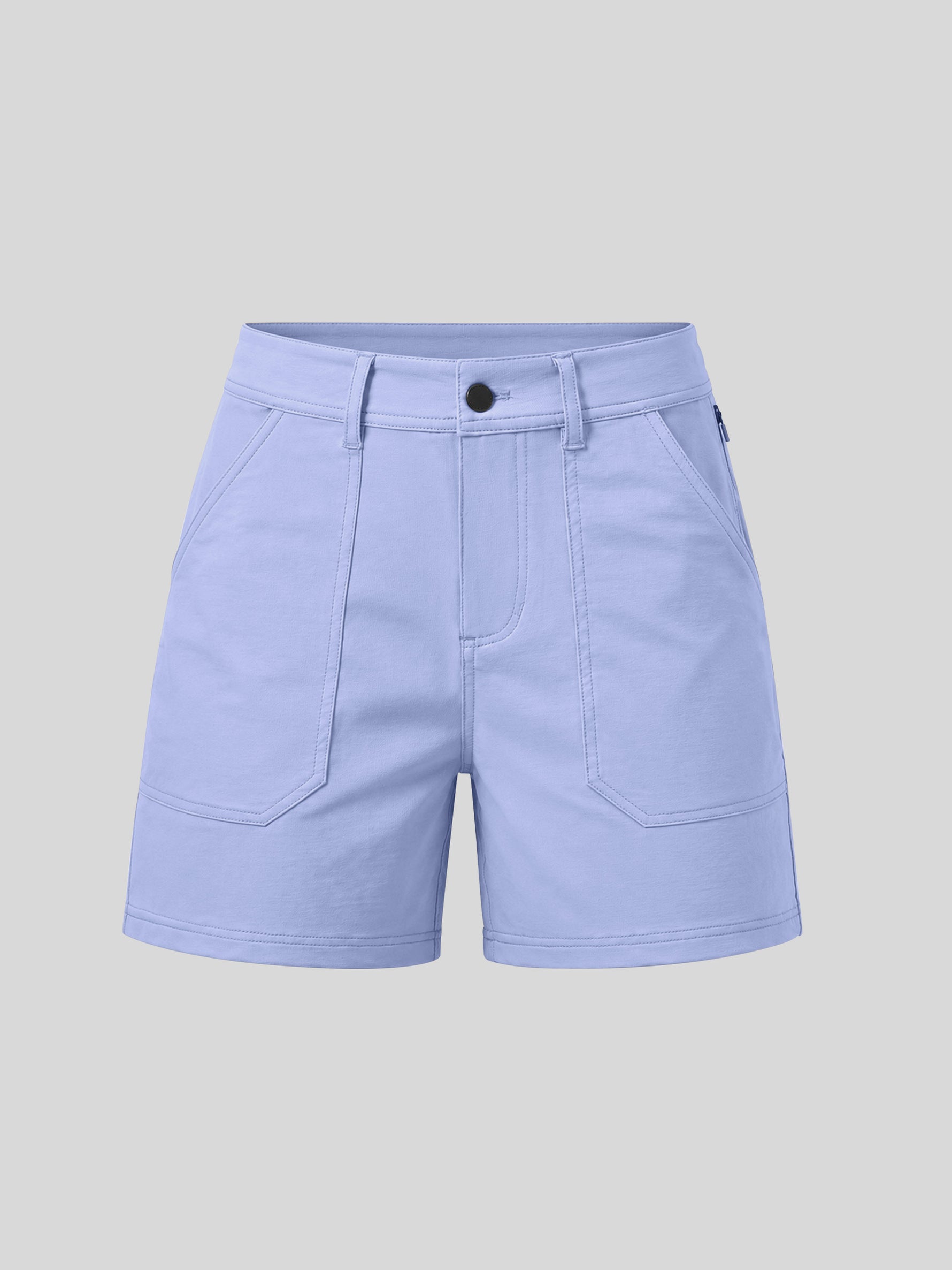 Light purple high-waisted shorts with a button closure, belt loops, and large front patch pockets 