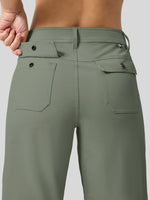 Close-up back view of a person wearing olive green pants, showing the waistband, belt loops, and two flap back pockets with dark buttons 