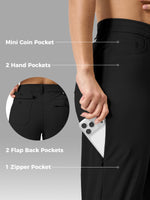 Black women's pants shown on a cropped model, with overlaid callouts naming features: Mini Coin Pocket, 2 Hand Pockets, 2 Flap Back Pockets, and 1 Zipper Pocket. A phone is tucked into one of the hand pockets to demonstrate use. 
