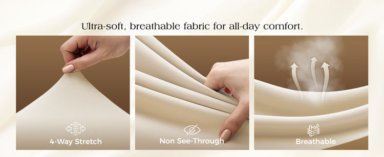 Fabric properties with hand holding fabric, stretching it, and showing breathability.
