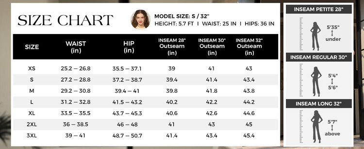 Size chart for women's clothing with measurements and figures