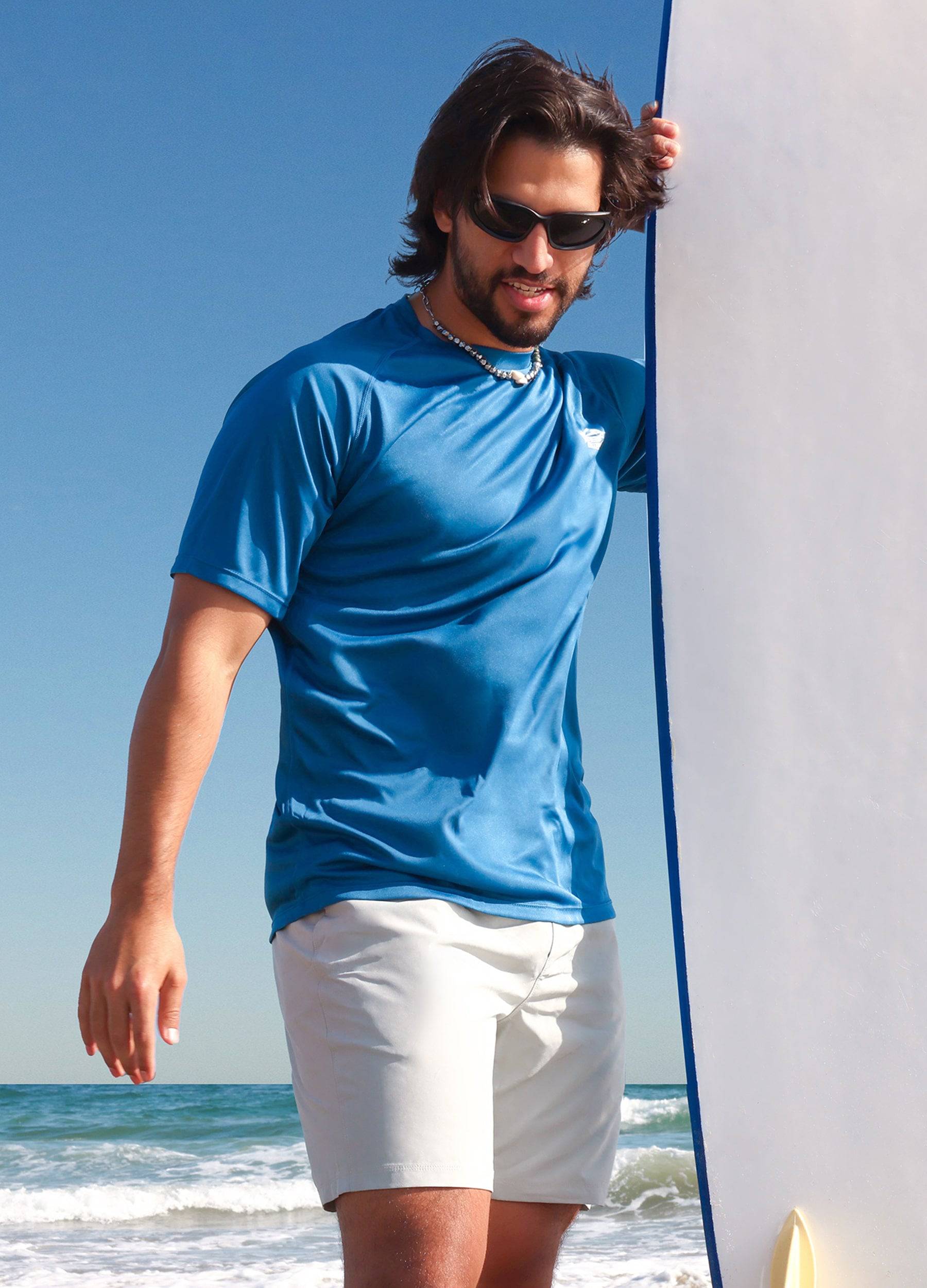 Model wear Sun Protection Crew Neck T-Shirt #ocean-blue