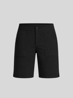 Black cargo shorts with a button closure and two large front flap pockets 