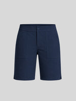 Women's deep blue utility shorts with a button closure, front welt pockets, and side pockets, front view 