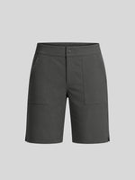 Women's dark gray outdoor shorts with a button closure, side pockets, and two large front flap pockets 