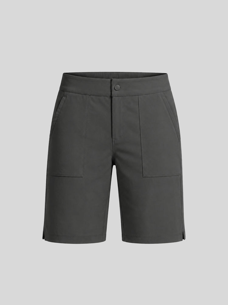 Women's dark gray outdoor shorts with a button closure, side pockets, and two large front flap pockets 