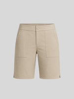 A pair of women's beige utility shorts with a button closure, front pockets, and side slits 