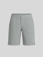 A pair of women's light gray utility shorts with a button closure, side pockets, and two large front flap pockets 