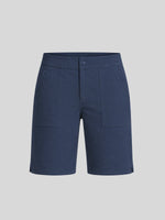 A pair of navy blue utility shorts with a button closure, side pockets, and two large front flap pockets 