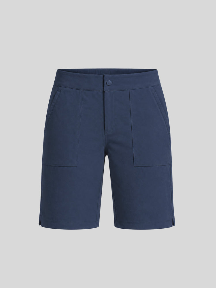 A pair of navy blue utility shorts with a button closure, side pockets, and two large front flap pockets 